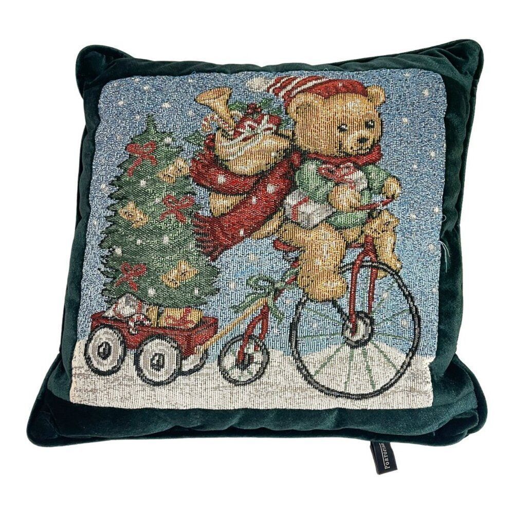 Vintage Portofino Christmas Santa Bear Pillow 13" Festive Decor Velvet Tapestry